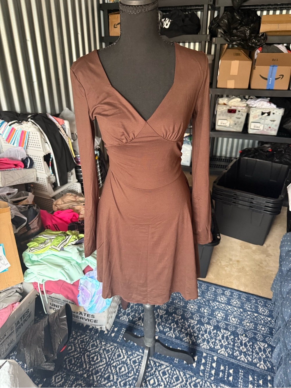 Long Sleeve Mini Dress in Brown Size Small - Picture 1 of 2